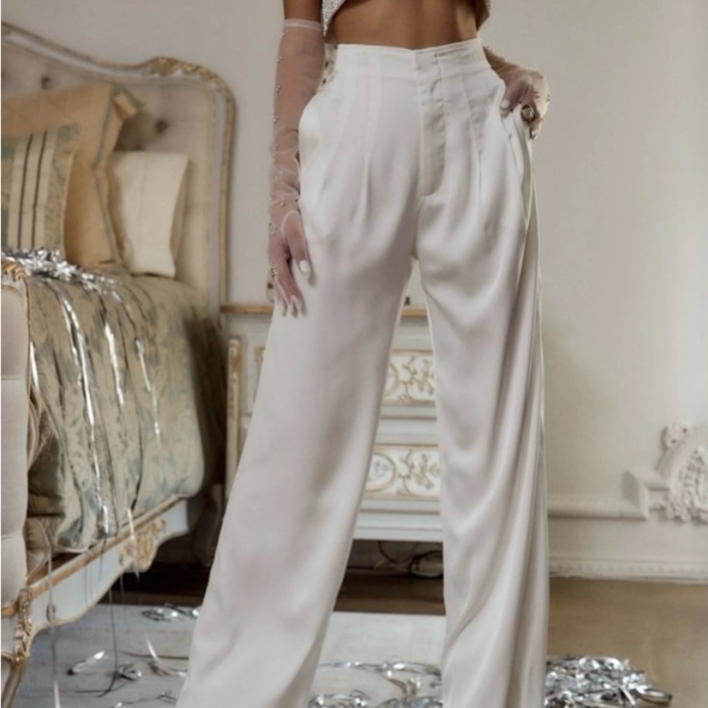 12th Tribe Halley White Satin High Waisted Pants